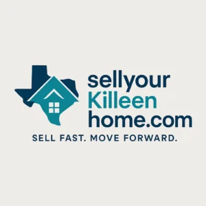 A logo for "sellyourkilleenhome.com" featuring a dark blue outline of Texas with a teal house icon inside, paired with bold text in dark blue and teal. The tagline "SELL FAST. MOVE FORWARD." appears beneath the website name, all set against a clean white background.