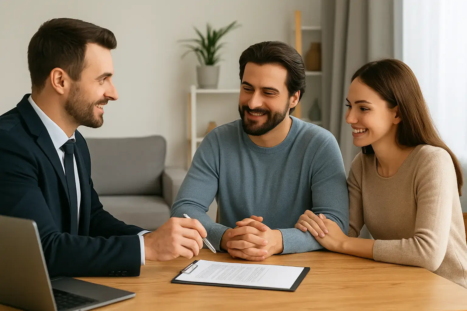 Professional advisor discussing home sale details with a couple at their kitchen table.